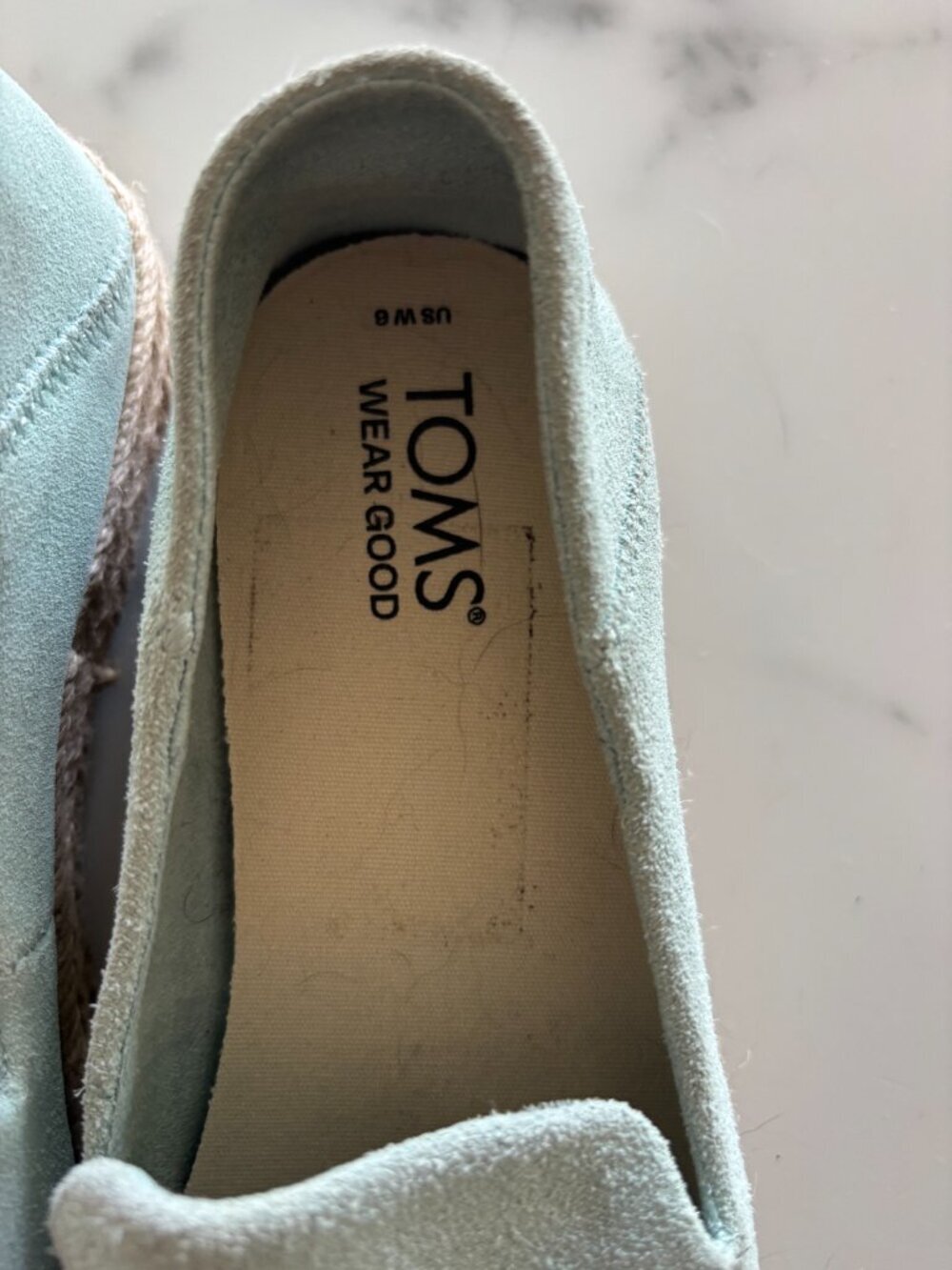 TOMS Suede Espadrille Platform Loafer Size 6 EU 36.5 Mint Sage Leather Upper - Picture 2 of 8